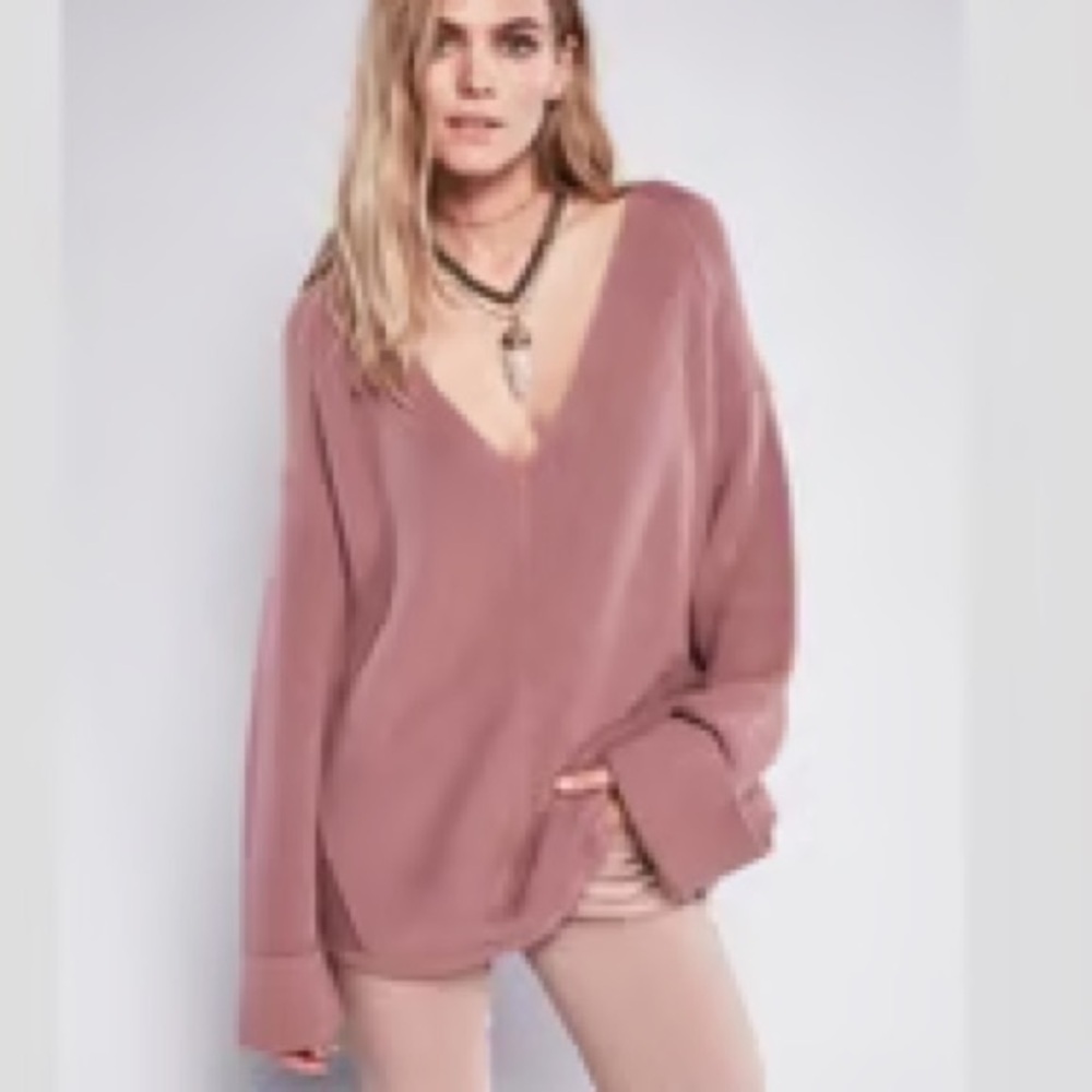 Free People La Brea V-Neck Ribbed Oversized Sweater Cuffed Sleeves Size Small